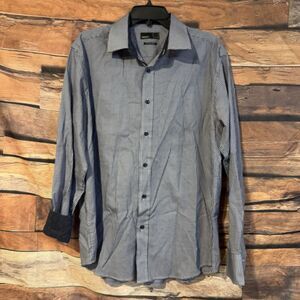 Quieti Men's Large Shirt Blue Check Geometric Long Sleeve Flip Cuff Cotton L